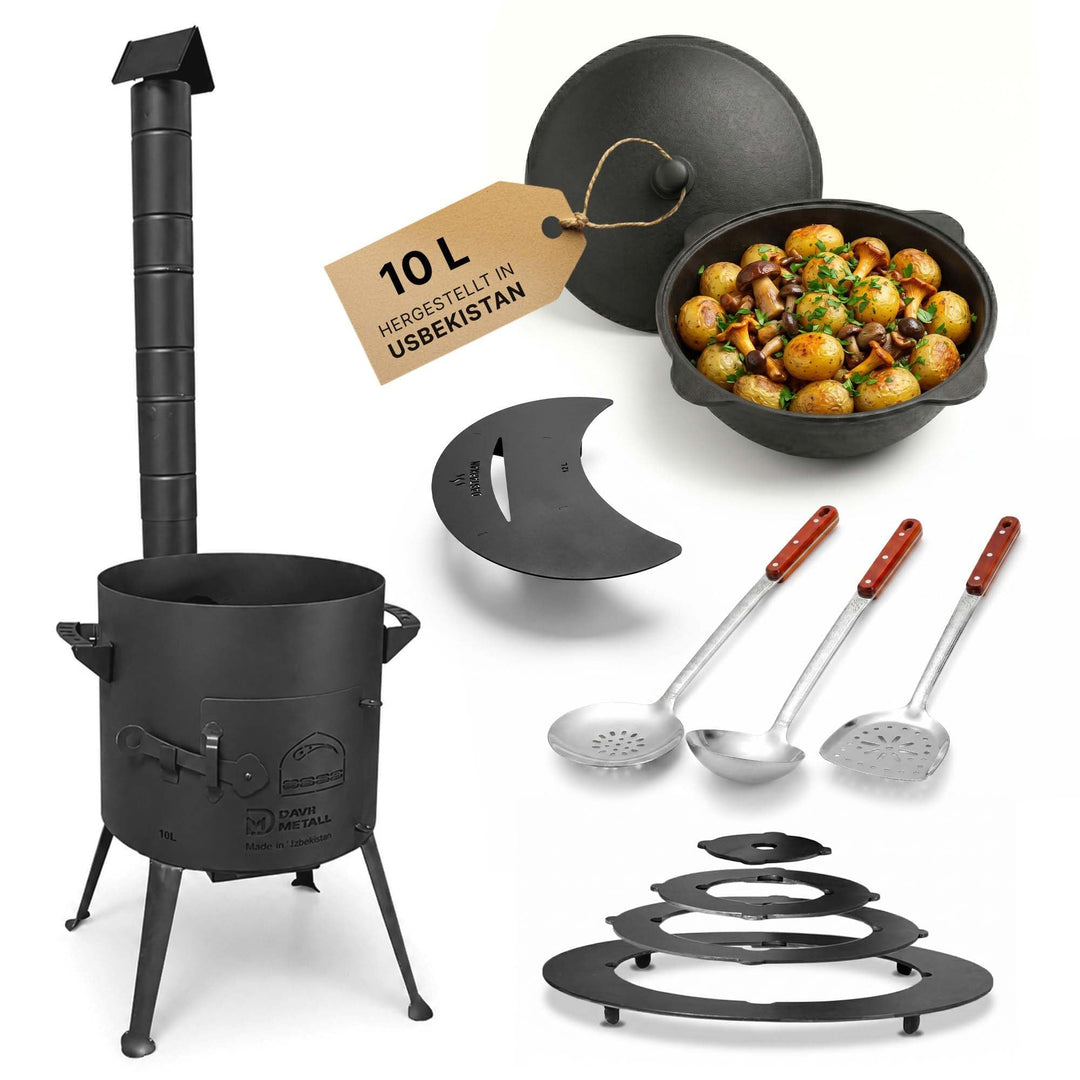 Super Set: Utschag Feuerstelle Ø36cm Stahl 2mm Kazan 10L Outdoor Feuerofen | Rauchrohr Luftklappe As
