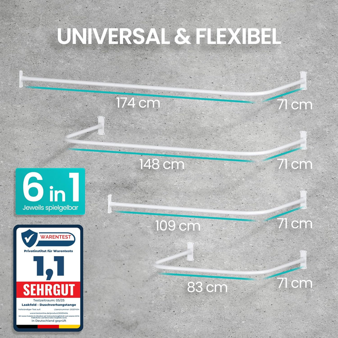 Duschvorhangstange L Form & Duschstange U Form 4 in 1 System inkl. 12 Ringe - Stabile Winkelstange D