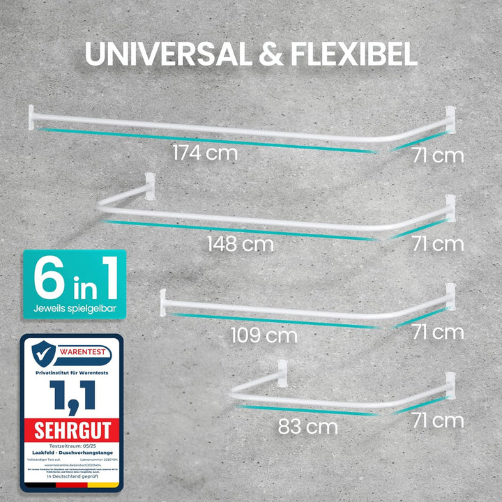 Duschvorhangstange L Form & Duschstange U Form 4 in 1 System inkl. 12 Ringe - Stabile Winkelstange D