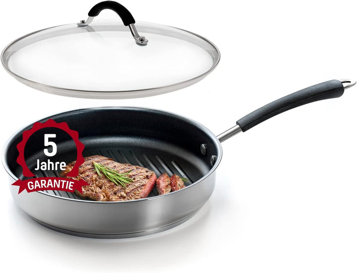 Coolinato Set aus Grillpfanne 26cm mit Glasdeckel, beschichtete Pfanne mit Deckel, Grillplatte rund