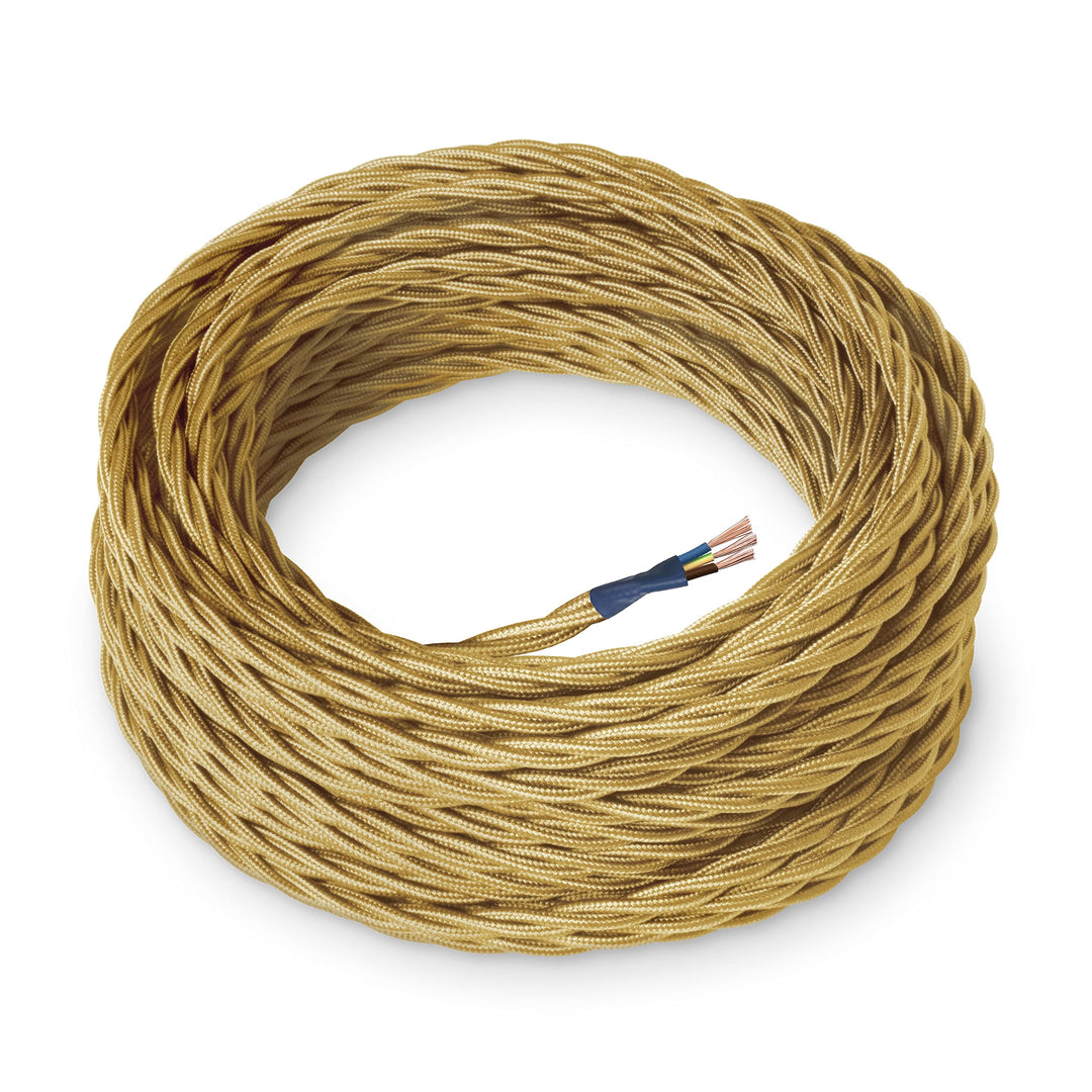 Amarcords - Textilkabel für Lampen GOLD, geflochten, Seide, 3 Meter, mit Erdung 3x0,75 - Stoffkabel