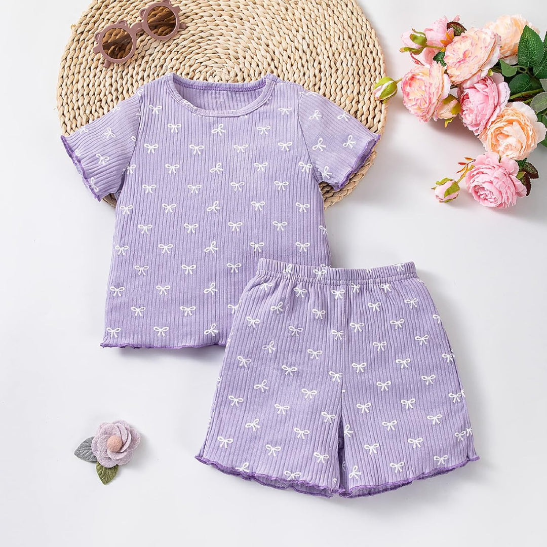 Kleinkind Baby Mädchen Sommer Kleidung Rüsche Gerippt Strick Kurze Ärmel Niedliche Schleife T-Shirt