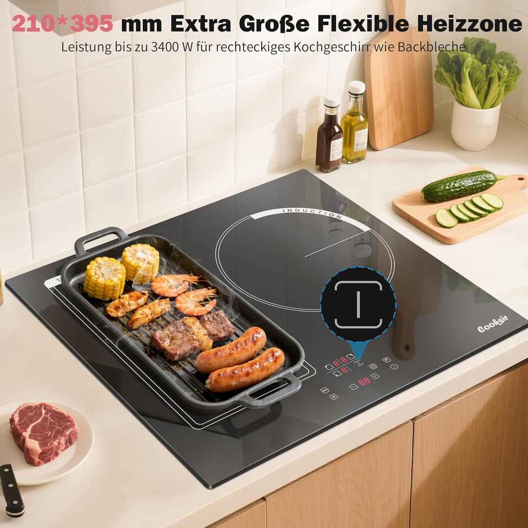 59cm Einbau Induktionskochfeld 3 Platten mit Rahmen, Cooksir Kochfeld Autark Flexzone, 6800W, FlexZo