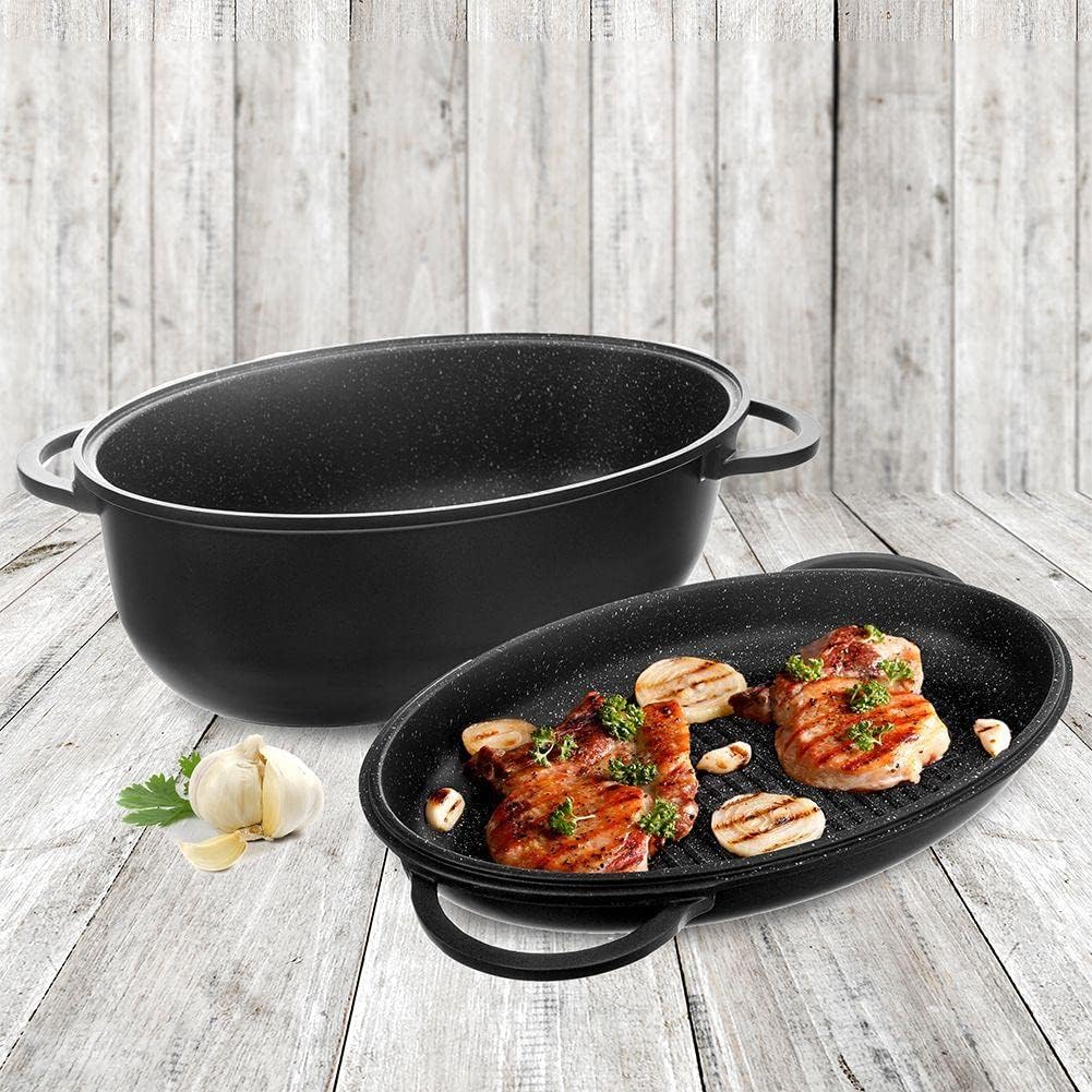 Ovale Bratpfanne Antihaft-Bratpfanne Grillpfanne zum Backen Braten Bräter mit Deckel tief 2in1 10 L