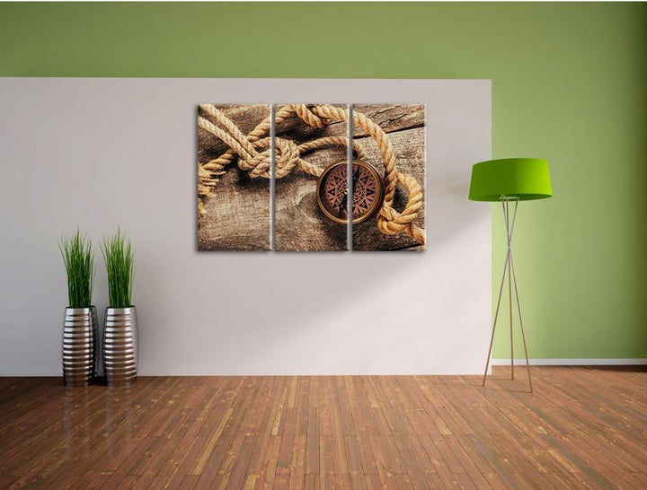 Pixxprint Schiffseil und Kompass auf Holzuntergrund 3-Teiler Leinwandbild 120x80 Bild auf Leinwand