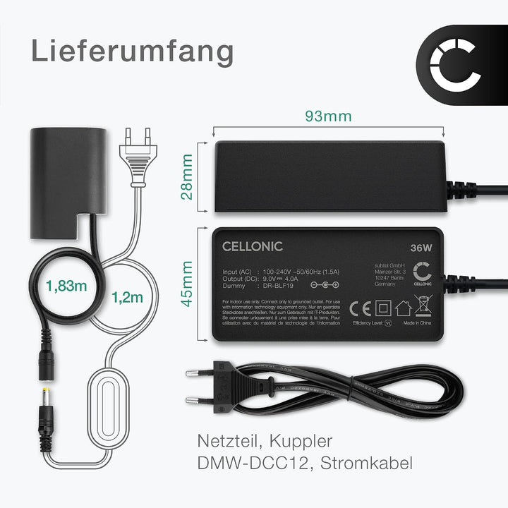 subtel® Netzteil DMW-AC8 + DMW-DCC12 für Panasonic Lumix DMC-GH3 DMC-GH4 DC-GH5 GH9 Kamera, Camcorde