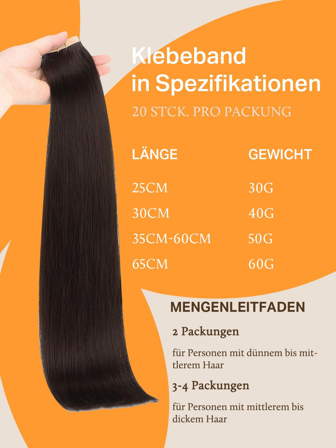 DOORES Haarverlängerung Echthaar, Dunkel Braun 40cm (16zoll) 50g 20pcs, Human Hair Extensions Tape i