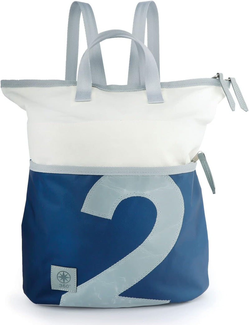 360° Grad Ketsch Mini Rucksack Segeltuch weiss-blau, Zahl grau