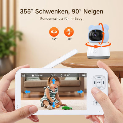 ACEBELL 2K Babyphone mit Kamera, PTZ 360° 5'' WLAN Video Babyphone mit App, 4×Zoom, Automatische Ver