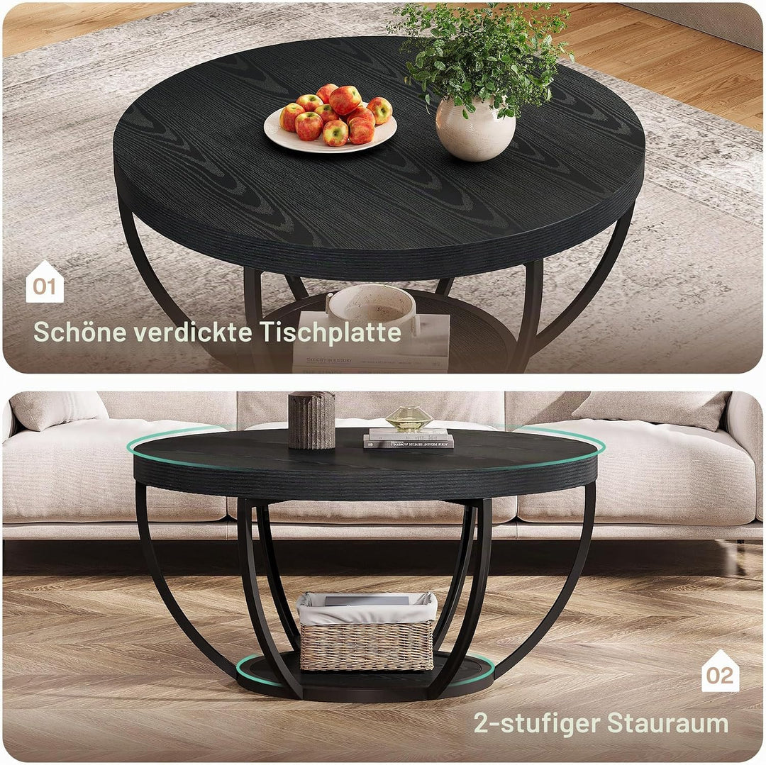 Tribesigns Couchtisch rund Ø80 cm, Industrial 2-Tier-Kreis Couchtisch mit Stauraum, Holztisch Akzent