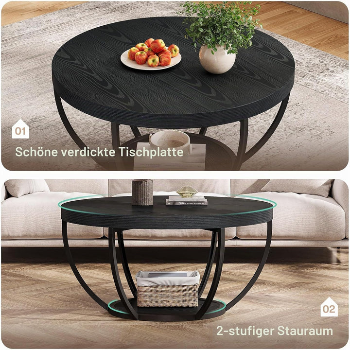 Tribesigns Couchtisch rund Ø80 cm, Industrial 2-Tier-Kreis Couchtisch mit Stauraum, Holztisch Akzent
