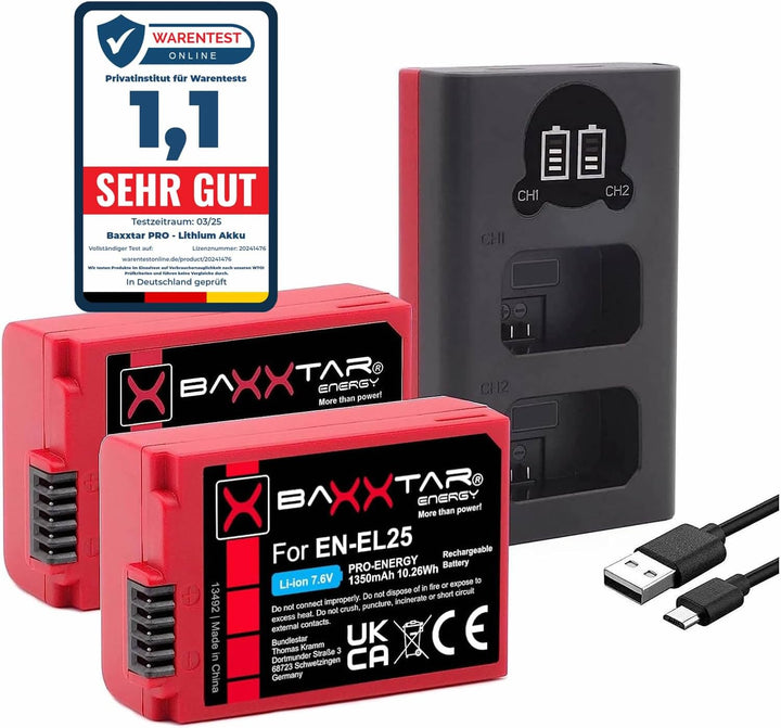Baxxtar Pro EN-EL25 Kamera-Akku Pack 1350mAh / mit aktivem NTC-Sensor/und Ladegerät Mini LCD DUAL (E
