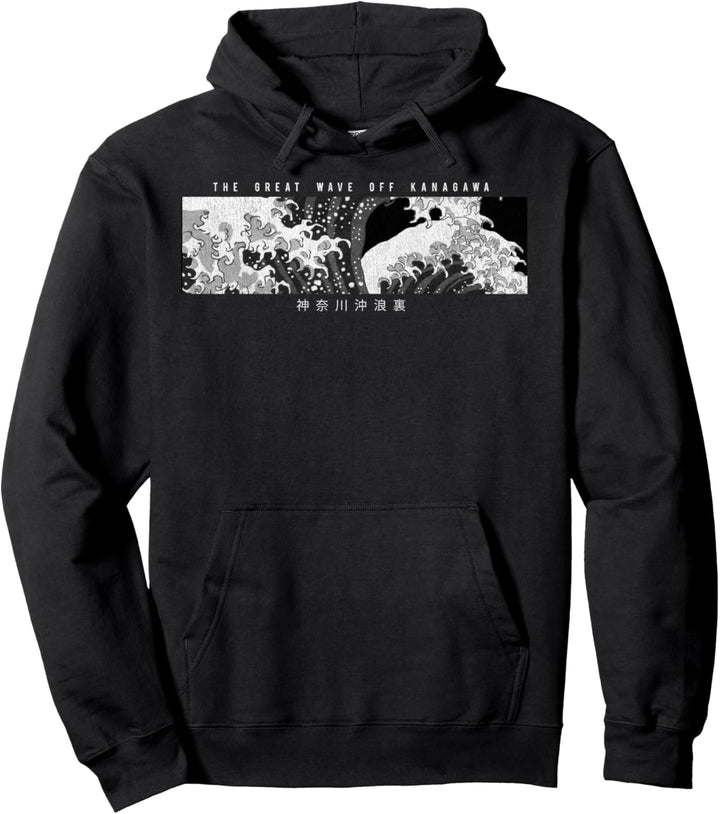 Trendy Great Wave Horizontal Kanagawa Art Kanji Pullover Hoodie