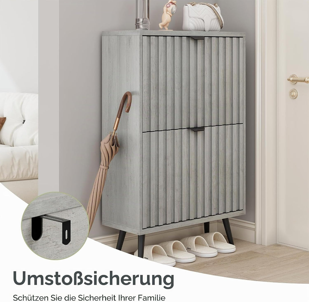 Smuxee Schuhschrank mit 2 Klappfächern, 60 cm Grauer Schuhschrank mit geriffeltem Design, freistehen