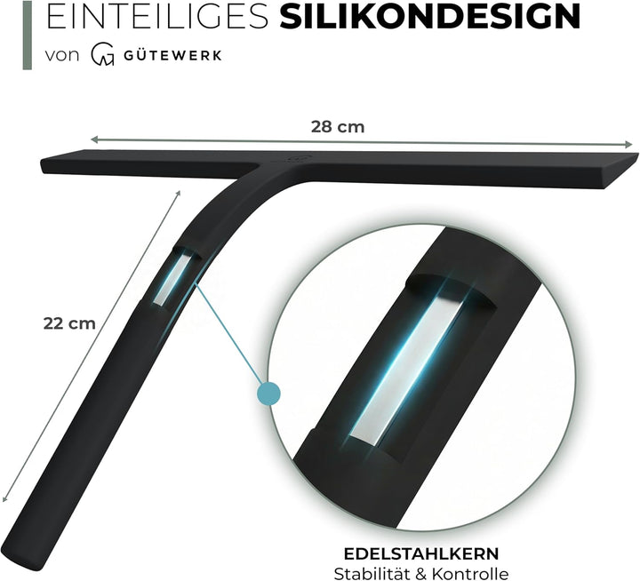 GÜTEWERK Duschabzieher Set mit Halterung - schwarz 28 cm breit - ohne Bohren Silikon Abzieher Dusche