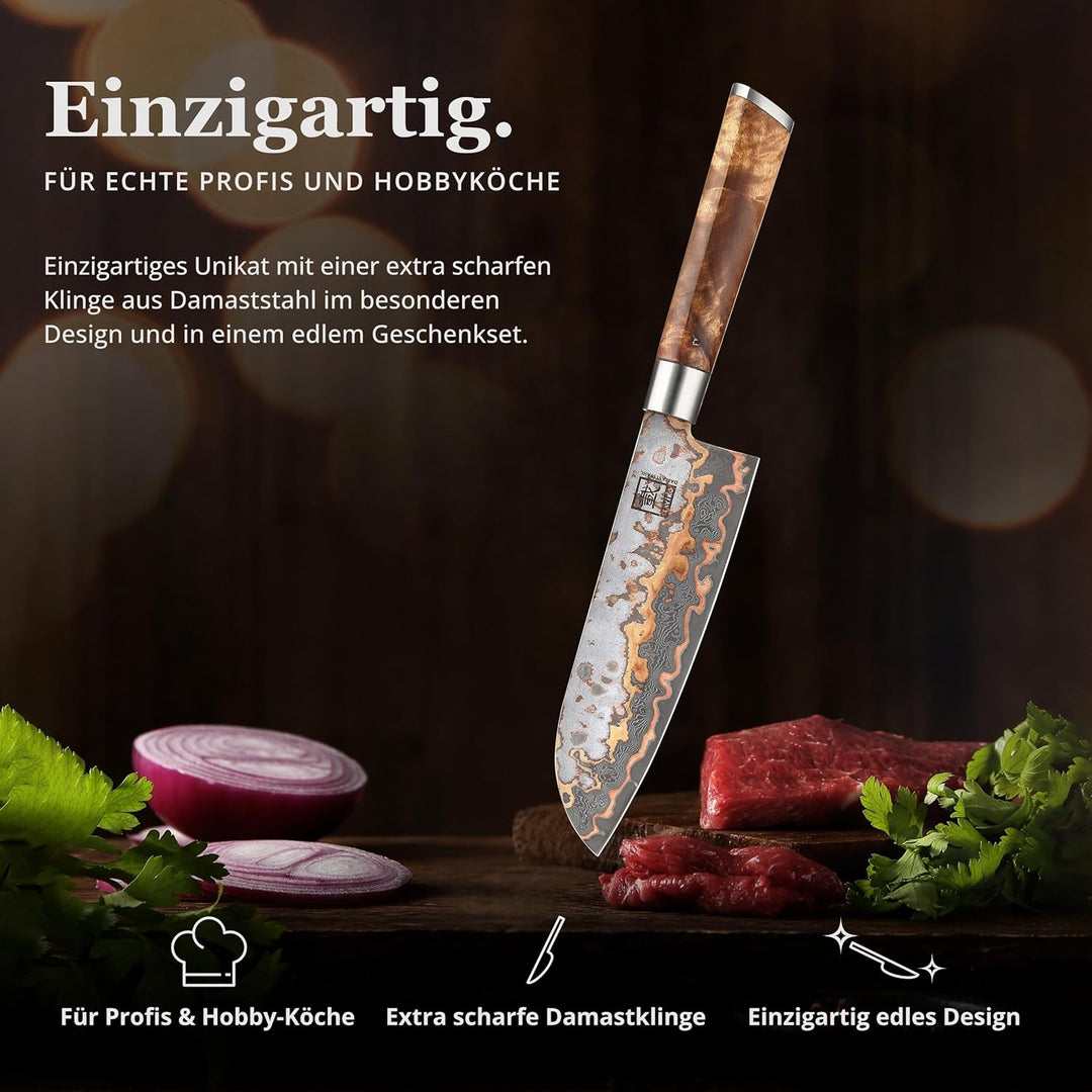 zayiko MysticMagma Damastmesser Santoku I Chefmesser mit 17,5 cm Klinge gefertigt aus 67 Lagen Damas