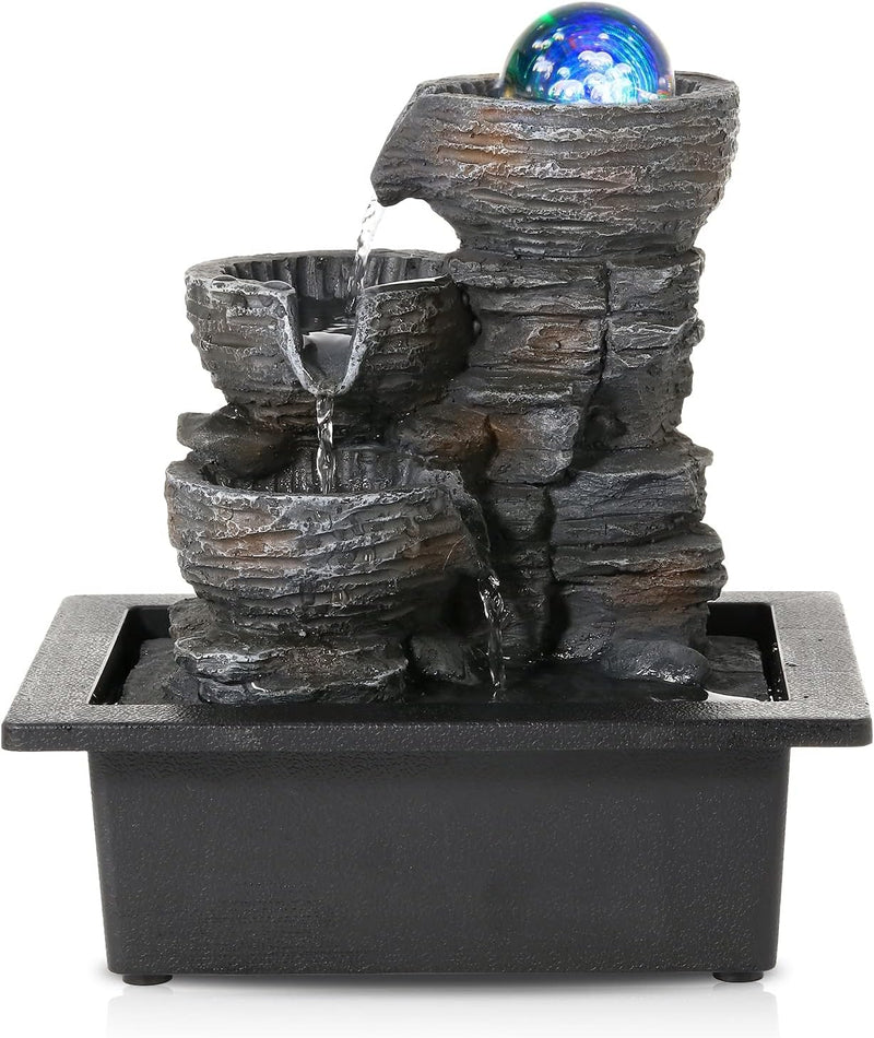 Dyna-Living Zimmerbrunnen Tischbrunnen mit Rollender Kugel, Brunnen Polyresin Springbrunnen LED-Bele