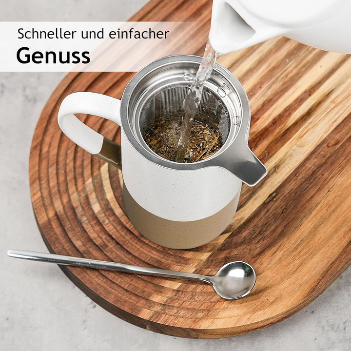 MIAMIO - Tee Tassen Set 2 x 500 ml mit Deckel und Sieb/Keramik Tee Becher mit Teeei und Löffel für d