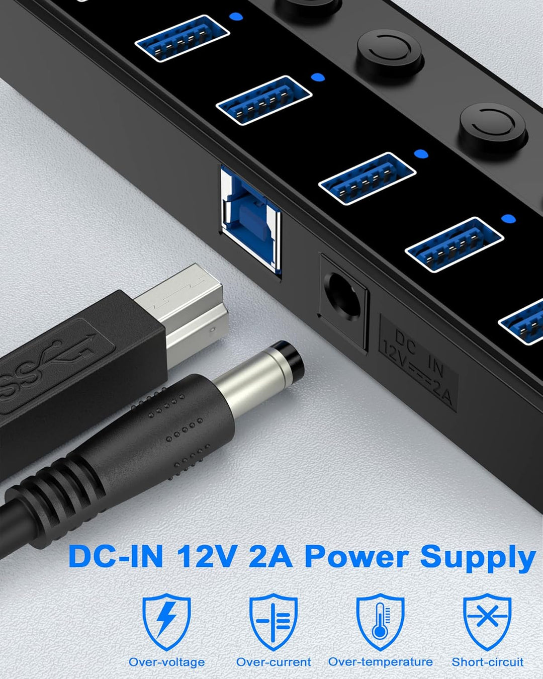 Qeefun Powered USB 3.0 Hub, 7-Ports USB Date Hub, 12V/2A 24W USB Extension Splitter und individuelle