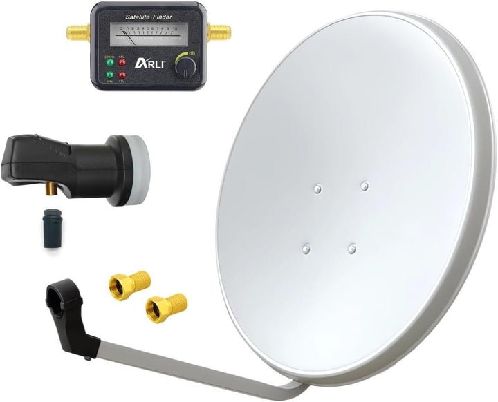 ARLI 60cm HD Sat Anlage Single LNB + Satfinder + 2 F-Stecker Digital 1 Teilnehmer Antenne lichtgrau/