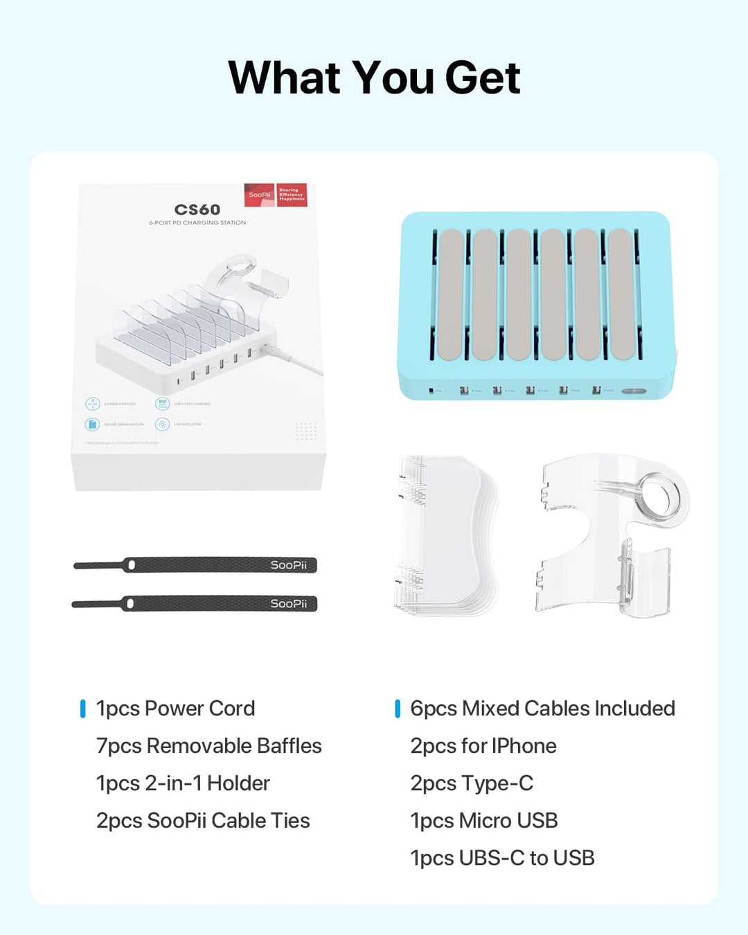 SooPii USB Ladestation 60W/12A,6-Port Dockingstation,Organizer für mehrfach Geräte with I Watch Hold