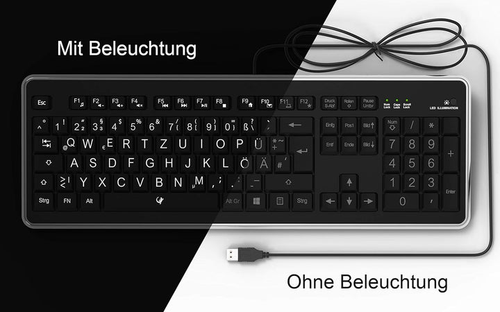 Lacerto® | Deutsche Tastatur (QWERTZ) mit grossen Buchstaben, weisser LED-Beleuchtung &amp; USB-Anschlus
