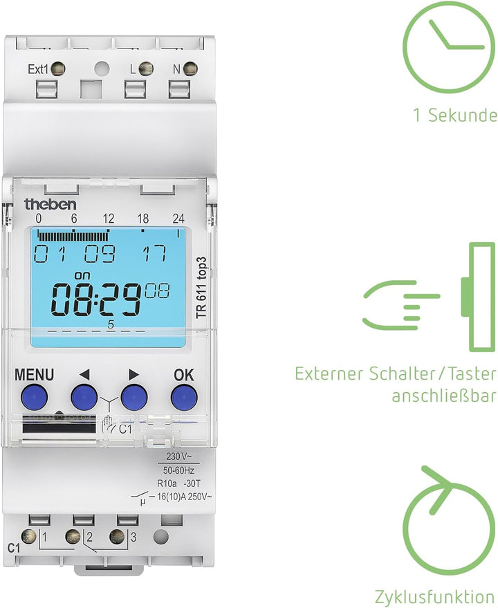 Theben 6110130 TR 611 top3 - Digitale 1-Kanal Zeitschaltuhr mit externem Eingang und App-Programmier