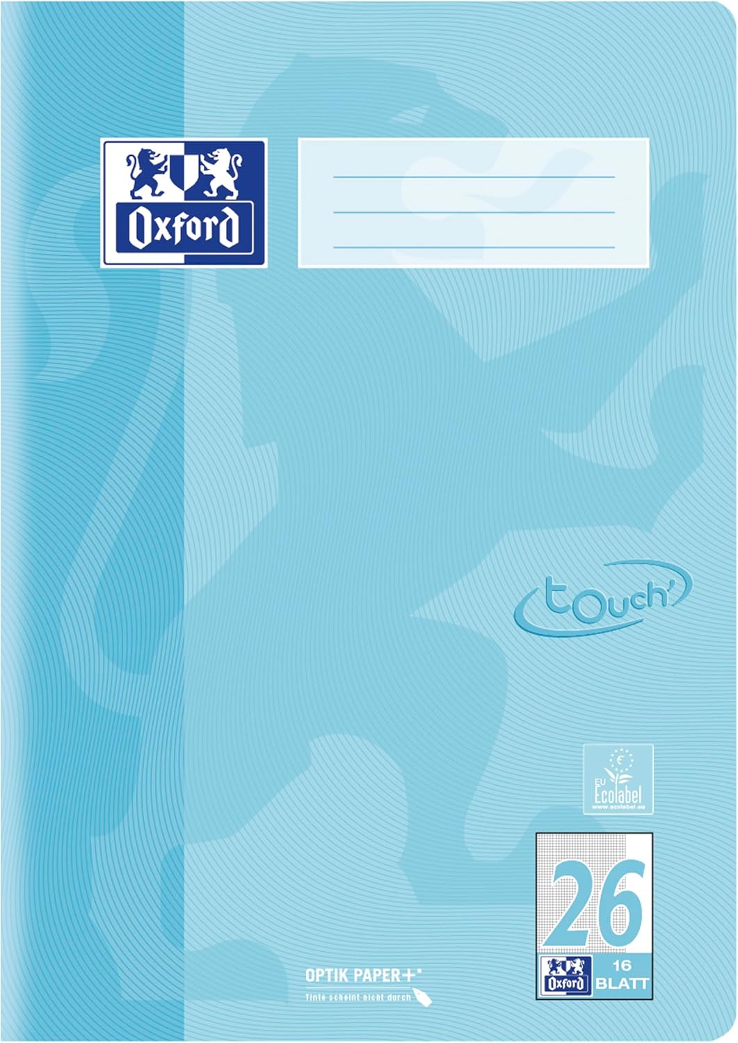 Oxford Schulheft A4 Touch, 16 Blatt, Lineatur 26, kariert, pastell blau, 15 Stück, Lineatur 26
