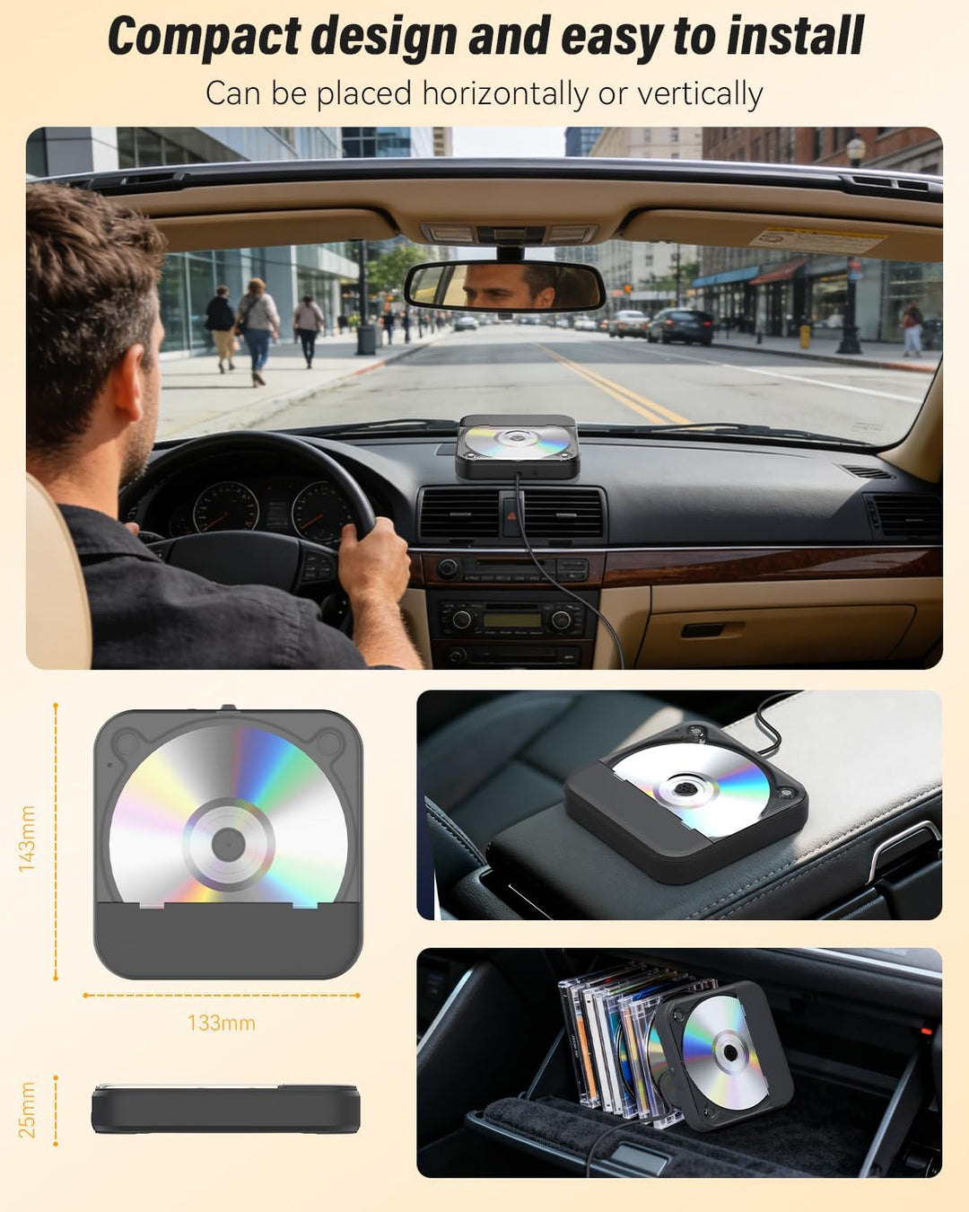 MONODEAL Externer CD Player für Auto, Plug-and-Play Auto CD-Player mit USB/AUX Anschluss, Universell