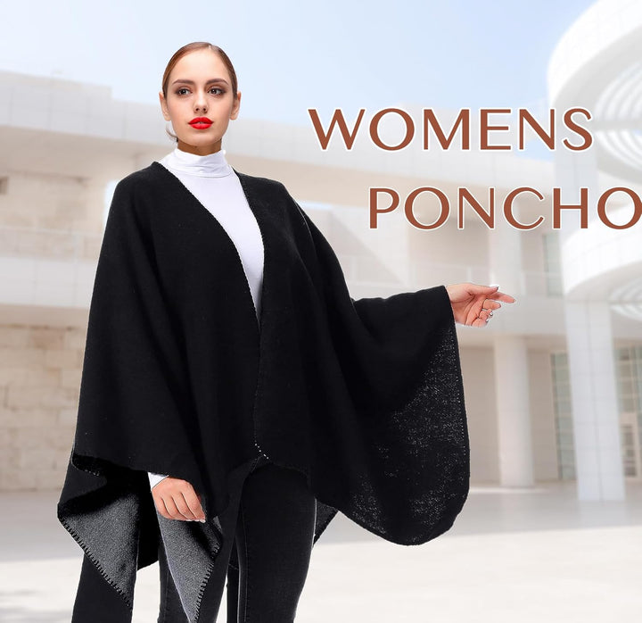Shmily Girl - Damen Poncho Habe Gestrickt Überdimensionalen Decke Kap-Schal Schwarz & Grau, Schwarz