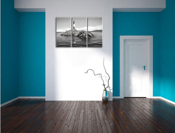 Pixxprint Leuchtturm mit Robben als Leinwandbild/Grösse: 3 Teilig (120x80) cm/Wandbild/Kunstdruck/fe