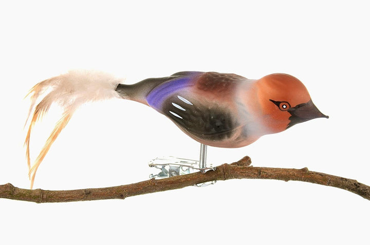 Birds of Glass® Glas-Vogel, Kernbeisser mit Naturfeder | Glasschmuck Made in Germany aus eigener Her