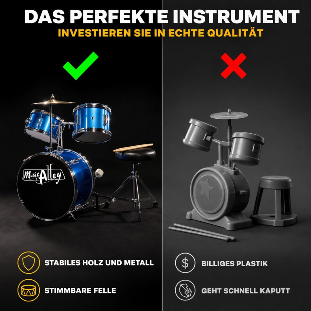 Music Alley Junior Drum Kit for Kids with Kick Drum Pedal, Drum Stool &amp; Drum Sticks - Blue Blue Sing