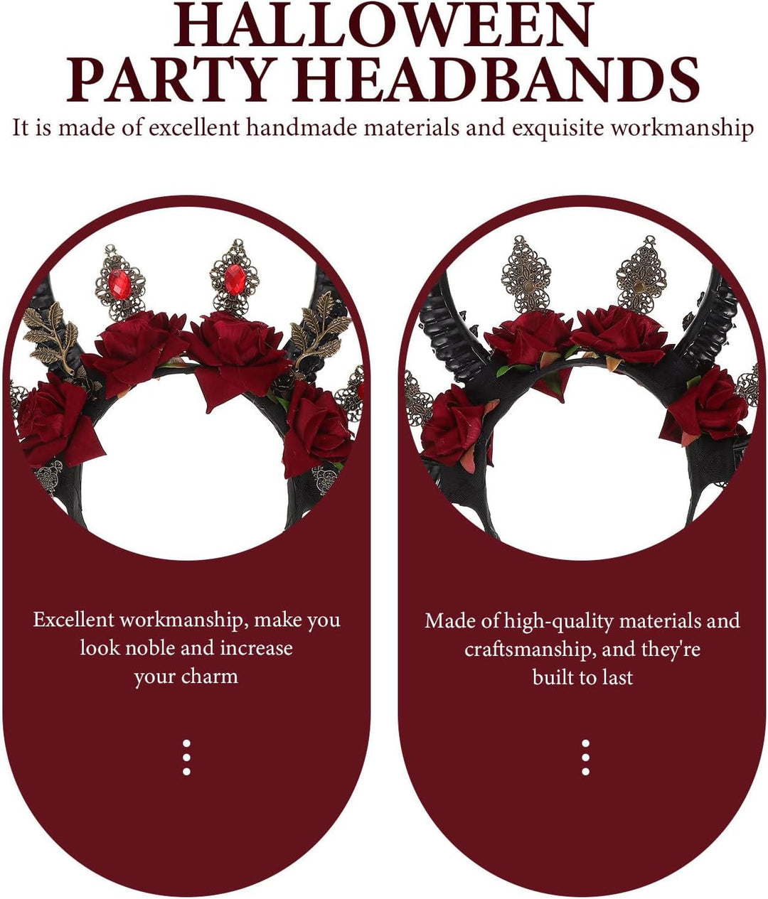 Beavorty Halloween Horn Stirnband Rosen Girlande Gothic Haarband Gothic Dämon Kristall Kopfschmuck W