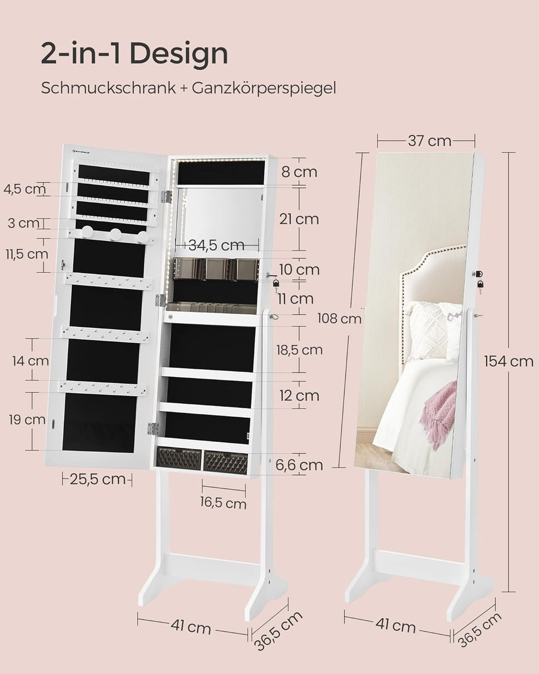 SONGMICS Schmuckschrank, Spiegelschrank, mit rahmenlosem Ganzkörperspiegel, LED-Beleuchtung, Innensp