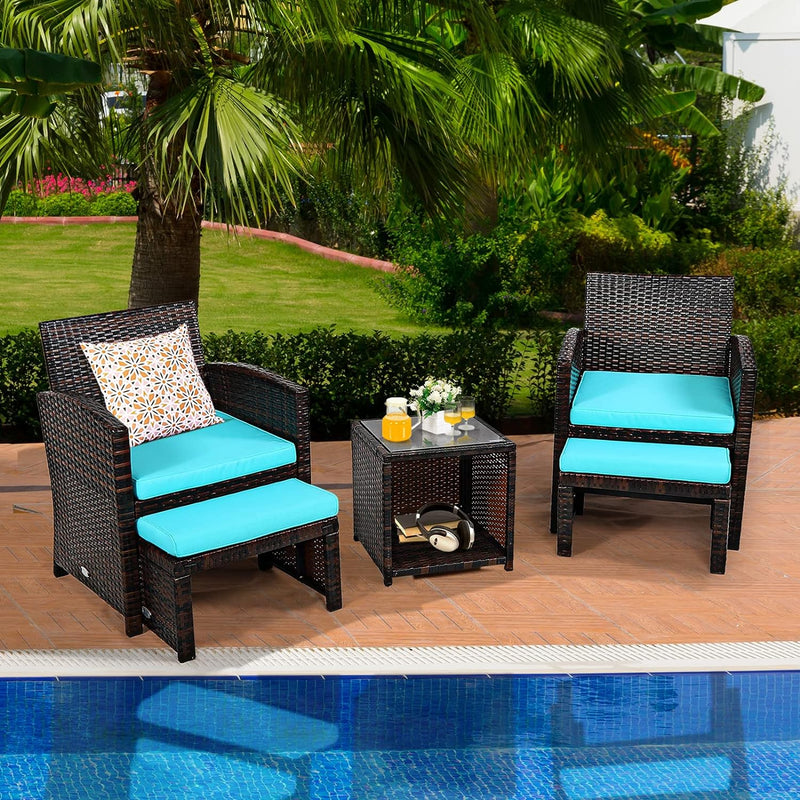 GIANTEX Rattan Hocker Fusshocker 2er Set Outdoor, Ottomanen Rattan mit Kissen, Gartenhocker Balkon H