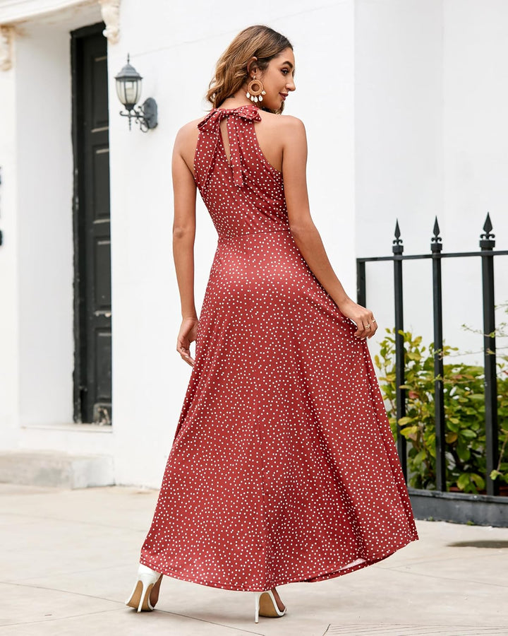 STYLEWORD Damen Neckholder Elegant Sommerkleid Ärmellos Blumenkleid Maxikleid Lange Strandkleid L Fl