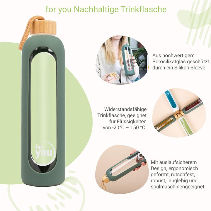 for you Nachhaltige Trinkflasche - 1000ml aus Glas mit Silikonhülle &amp; spülmaschinenfest - 1Liter Aus