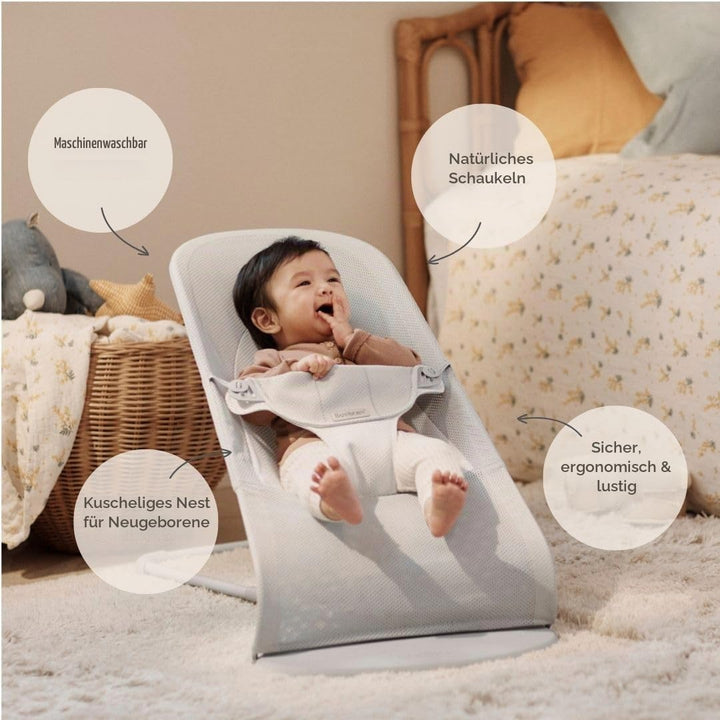 BabyBjörn Babywippe Balance Soft, Hellgrauer Rahmen, Netzstoff, Silber/Weiss