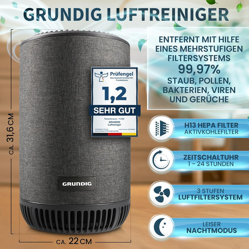 Grundig Luftreiniger Allergiker Air Purifier - Extra leise - Hepa Filter mit Premium AKTIVKOHLEFILTE