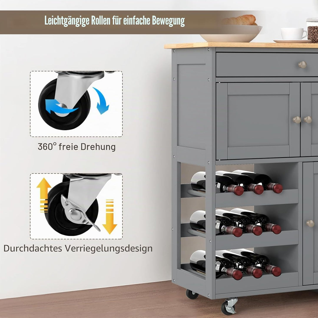FANTASK Küchentrolley auf Rollen, Küchenschrank Holz mit Schubladen & 3-stöckigem Weinregal & Arbeit