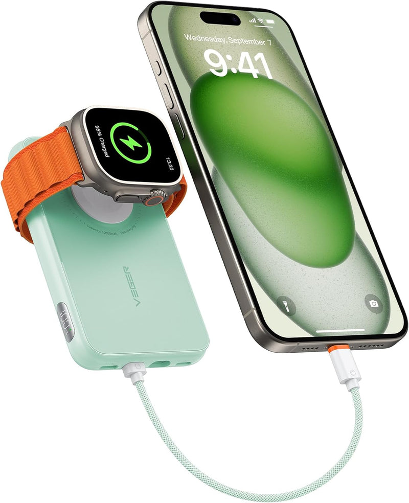 VEGER Mini Power Bank 20W PD, 10000mAh Powerbank mit Apple auf USB C Kabel, mit Apple Watch Laden, 2