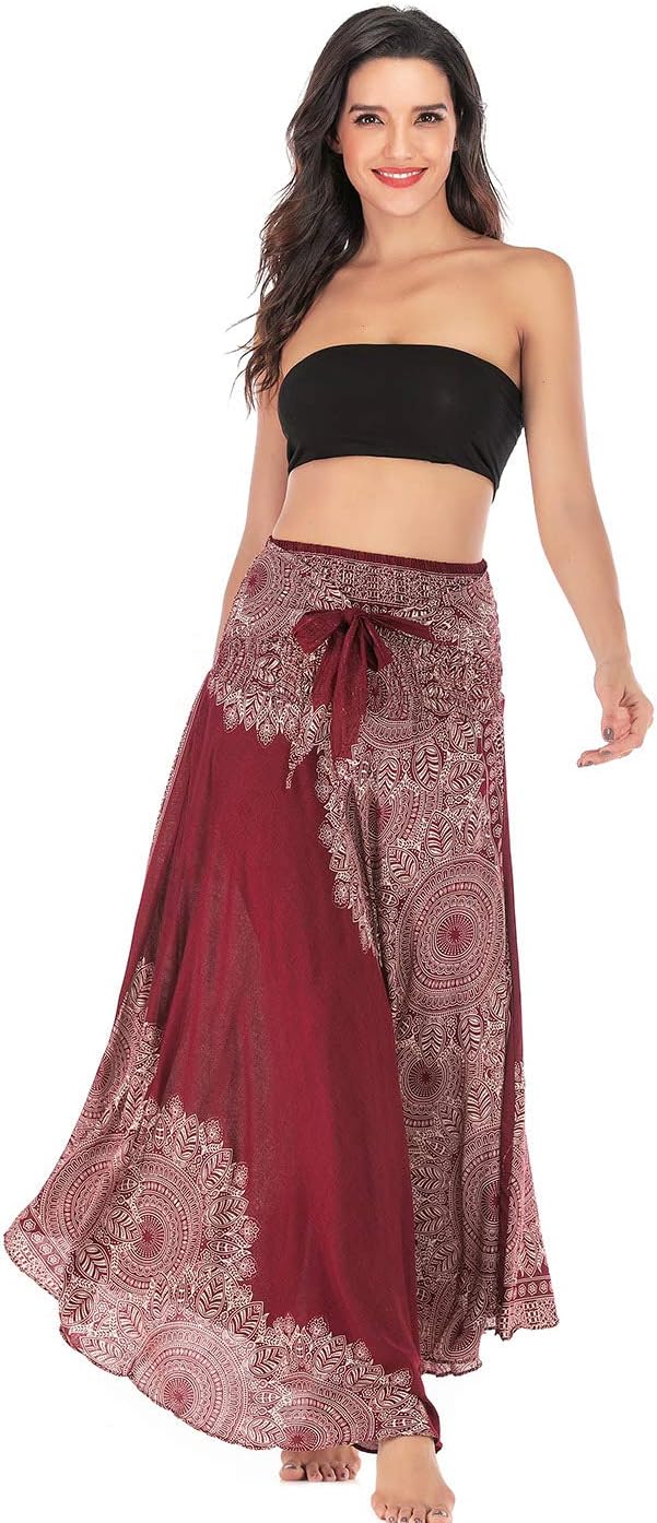 FEOYA 2 in 1 Rock Damen Lang Sommer Maxirock Boho Strandrock Blumen Hohe Taille Hippie Sommerkleid E