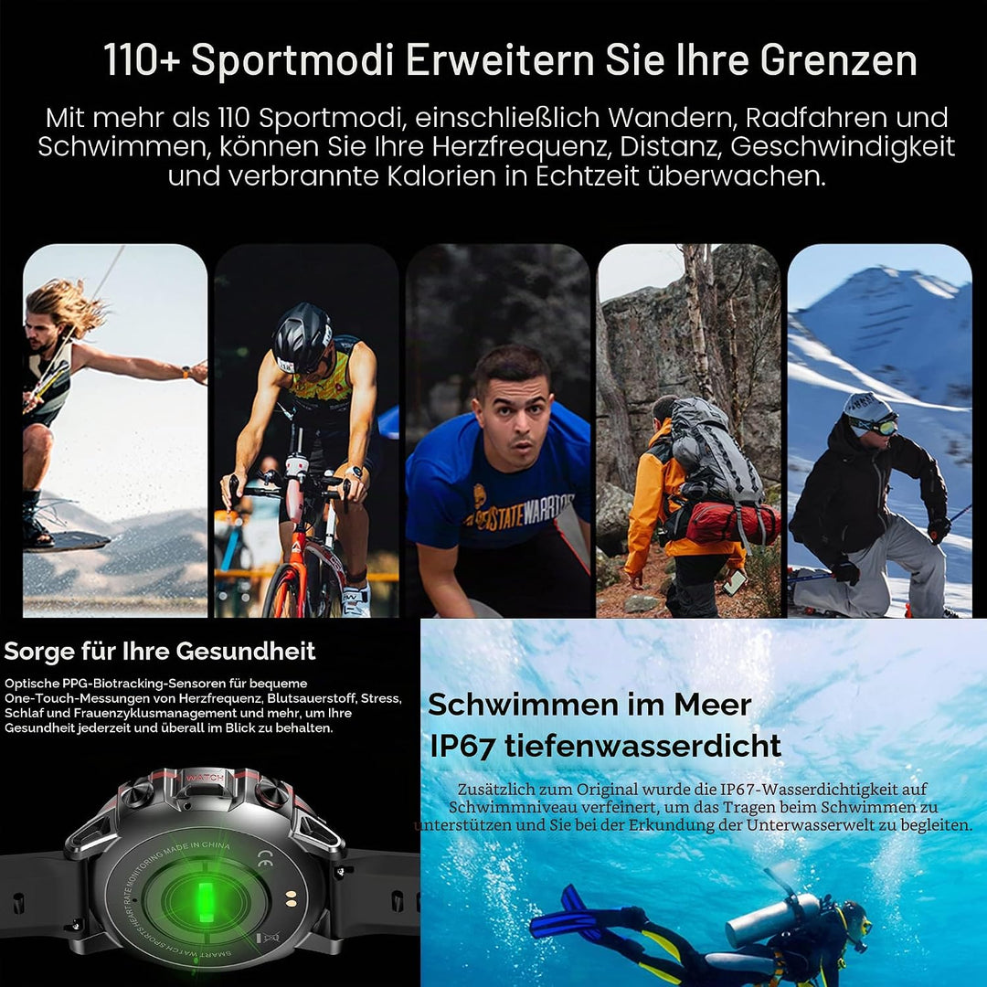 Smartwatch Herren mit Telefonfunktion, 1,43 Zoll HD Voll Touchscreen 5ATM mit 110+ Sportmodi Fitness