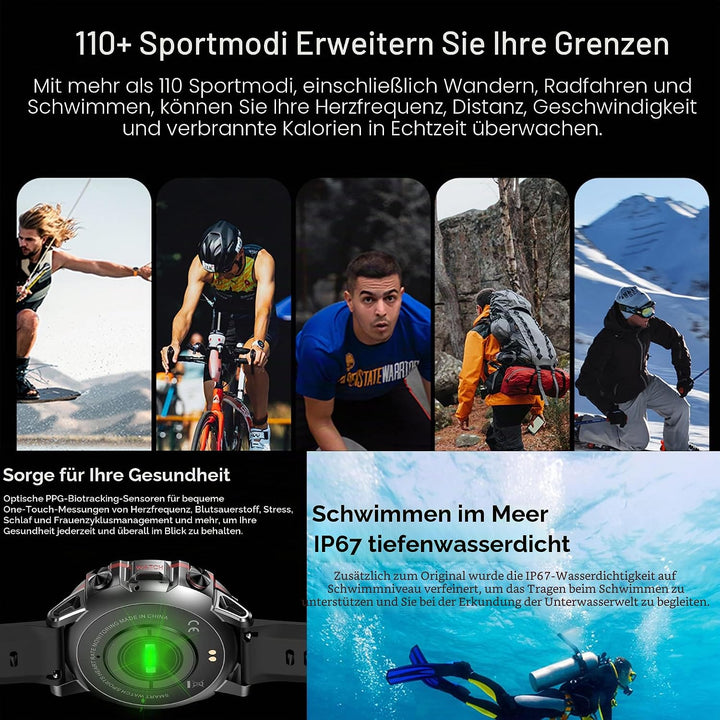 Smartwatch Herren mit Telefonfunktion, 1,43 Zoll HD Voll Touchscreen 5ATM mit 110+ Sportmodi Fitness