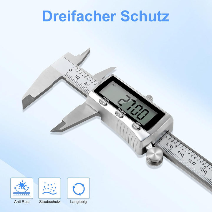 Digitaler Messschieber 150mm Edelstahl, USB-C Wiederaufladbar, IP54 Schutz, ±0,02 mm Präzision, Schi