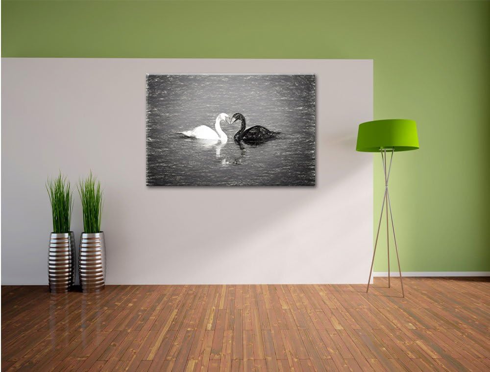 Pixxprint verliebte Schwäne schmusen Kunst Kohle Effekt, Format: 100x70 auf Leinwand, XXL riesige Bi