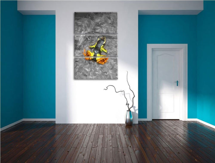 winziger Färberfrosch auf Waldboden schwarz/weiss Spezial 3-Teiler Leinwandbild 120x80 Bild auf Lein