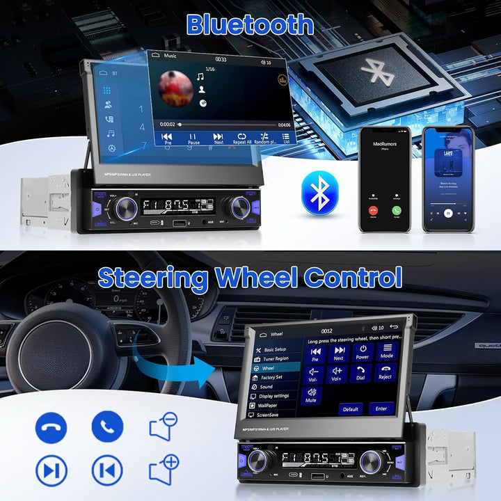 Hikity 1 Din Autoradio mit 7” IPS Manuell Einziehbarer Touchscreen Wireless Carplay Andriod Auto FM