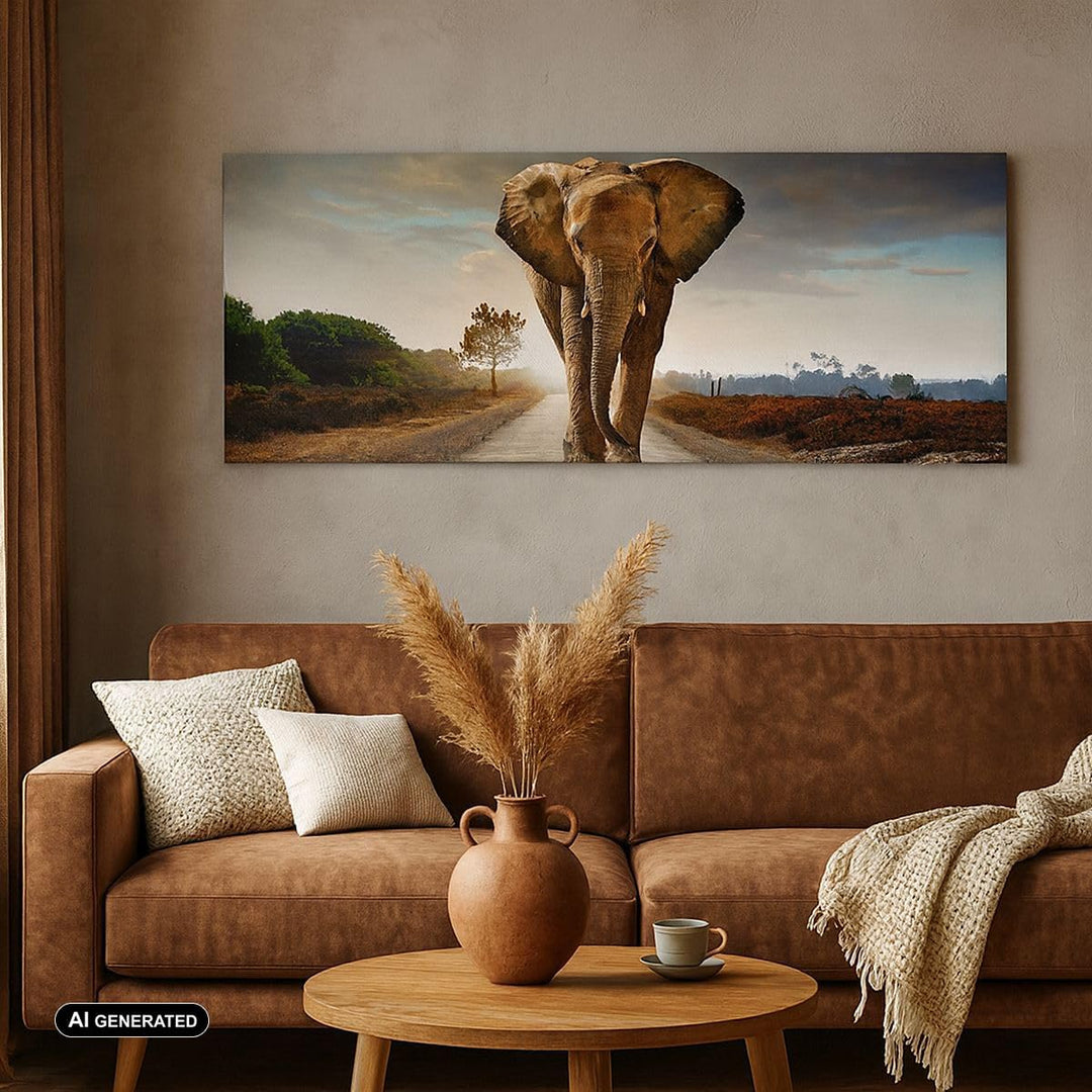 Panorama Bilder auf Leinwand Elefant Strasse Landschaft Leinwandbild 90x30cm Wandbilder Dekoration W